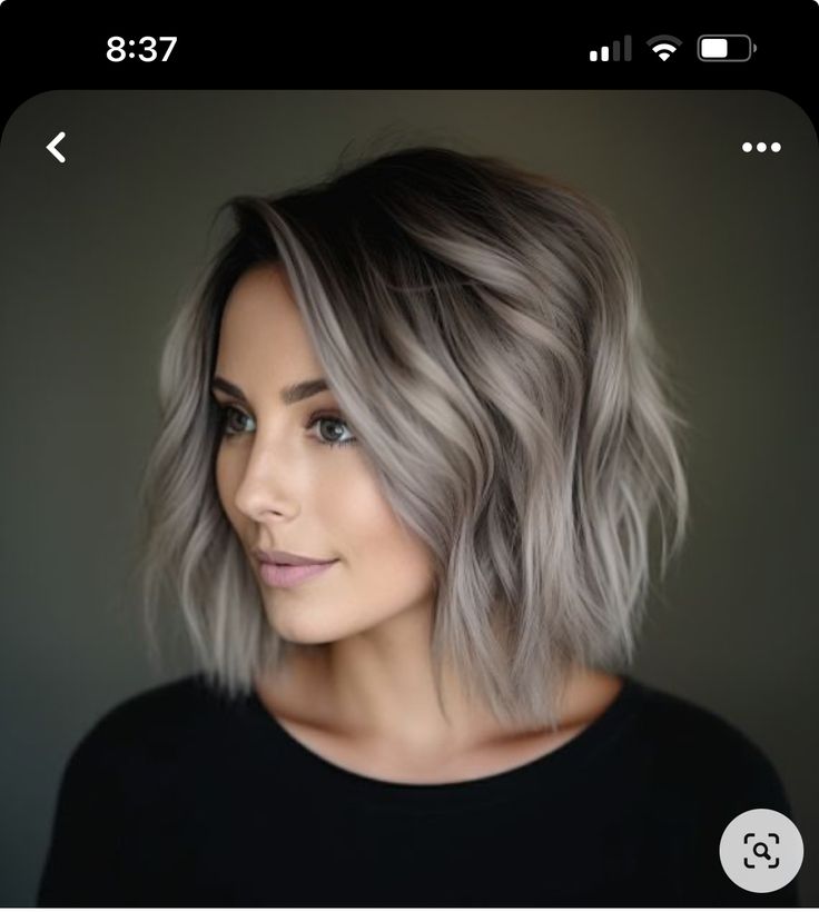 Short Balayage Hair With Curtain Bangs, Platinum Blonde Highlights On Dark Hair Short, Ashy Fall Hair Colors, Cool Gray Hair Color, Brunette To Ash Blonde Balayage, Ashy Highlights On Dark Hair Short, Greyish Hair Ash Blonde, Dark Roots Cool Blonde Hair Balayage, Hair Color Ideas For Brunettes To Blend Grey