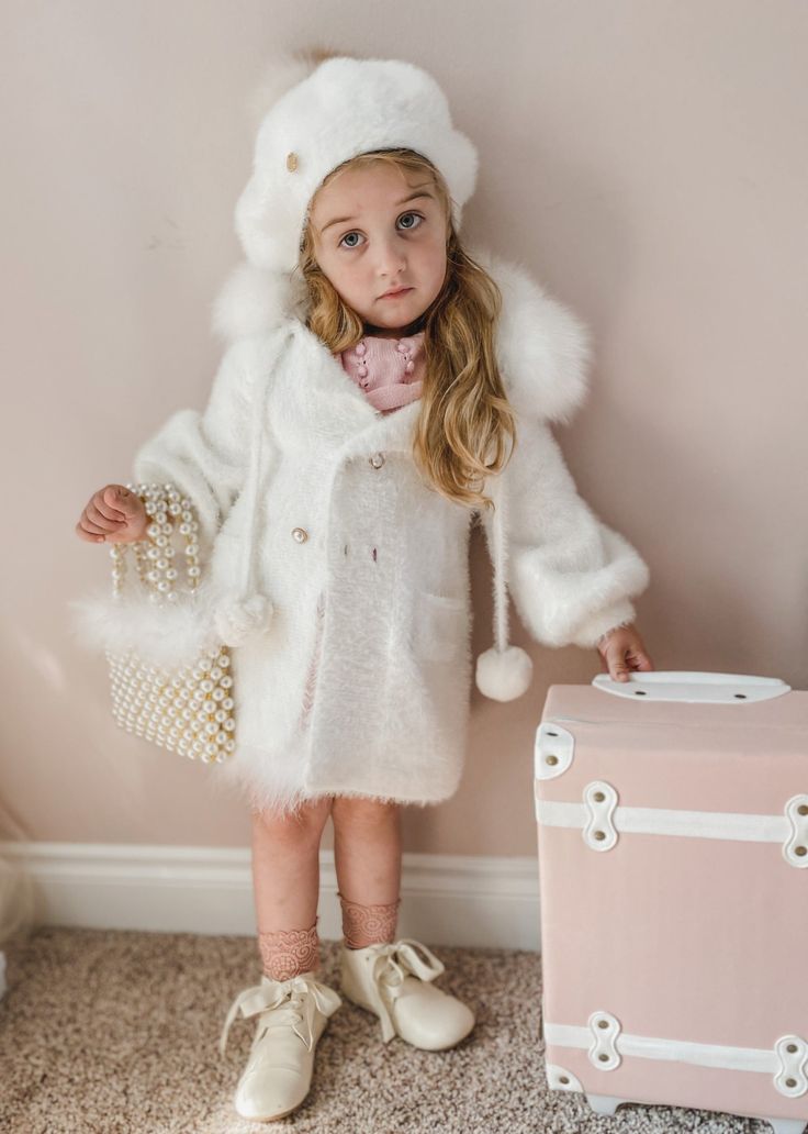 Milana Victoria Sweater Coat – Petite Maison Kids Satin Pouch, Faux Fur Sweater, Yarn Sweater, Fur Sweater, Faux Fur Pom Pom, Mens Formal, Sweater Coat, White Sweater, Faux Fur Collar