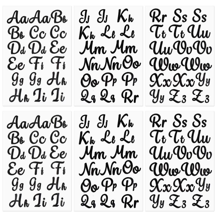 four different types of cursive alphabets in black and white, each with the letter