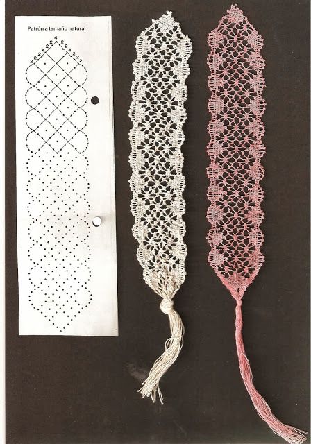 three different types of crocheted lace on a black surface with white and pink thread