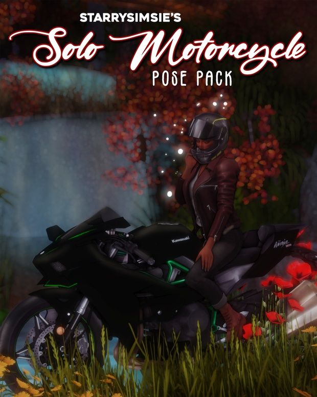 a woman sitting on top of a motorcycle in front of flowers and trees with the caption, starvisinsie's sod motorgesee poe pack