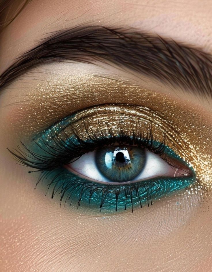 Vacation Eye Makeup, Peacock Color Makeup, Makeup For A Teal Dress, Jewel Tone Eyeshadow, Green Blue Eyes Makeup, Tropical Eye Makeup, Western Eyeshadow Looks, Cowgirl Eye Makeup, Queen Makeup Royal