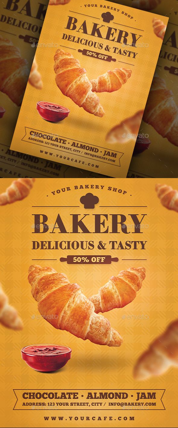 an advertisement for bakery with croissants and sauce on the front, in yellow background