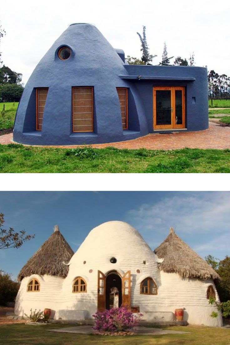 two pictures side by side one has a blue house and the other has a white thatched roof