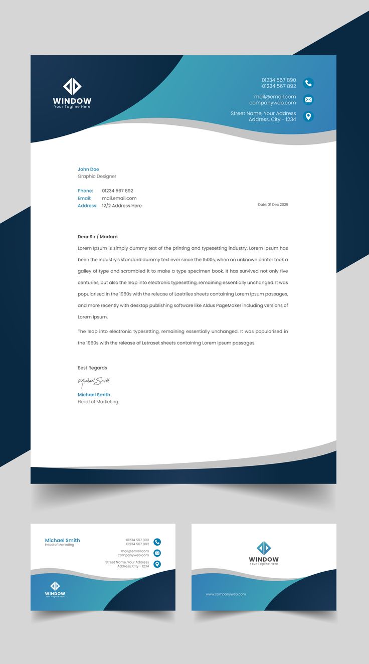 a letterhead, business card and envelope with blue wavy lines on the bottom corner