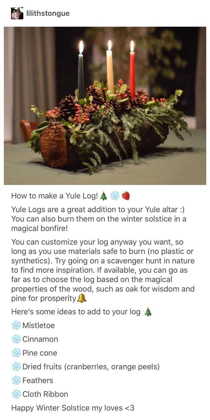 a table topped with candles and evergreens on top of it next to a sign that says, how to make a yulet log