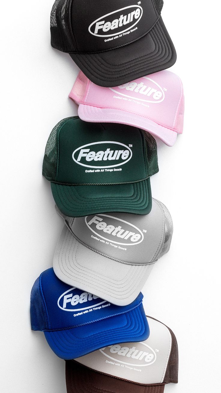 Expanding our head-wear collection, we introduce our new collection of the Badge Trucker Hat in six colors. Shop Now: https://feature.com/collections/feature Trucker Hat Photography, Hat Advertising Photography, Baseball Hat Photography, Hat Product Photography Ideas, Cool Trucker Hats, Merchandise Ideas Products, Hat Product Photography, Hat Marketing, Hat Branding