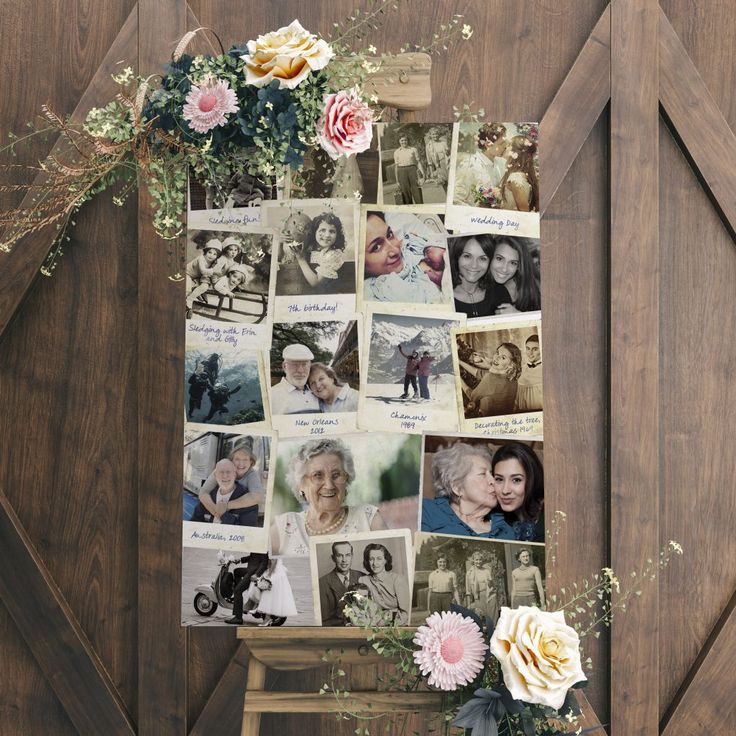 a collage of photos and flowers on a wooden wall with an old fashioned chair