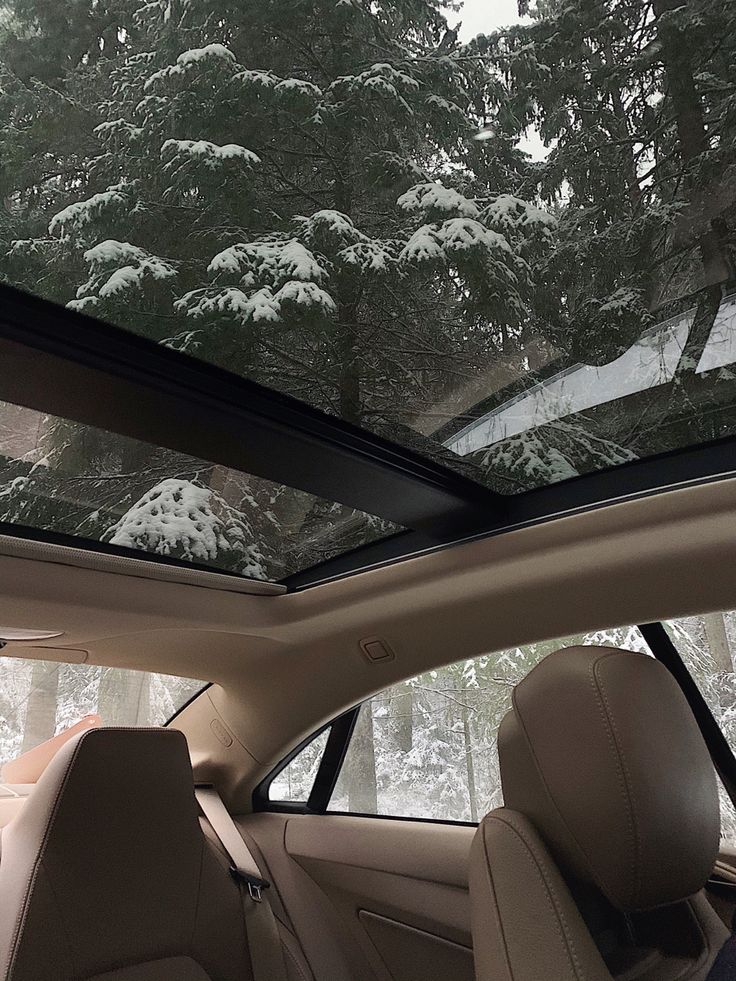 the interior of a car with snow covered trees in the background