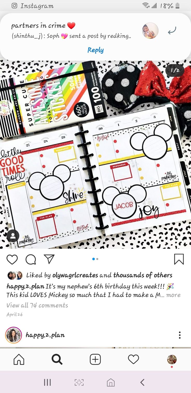 an instagram page with mickey mouse stickers and other items on top of it