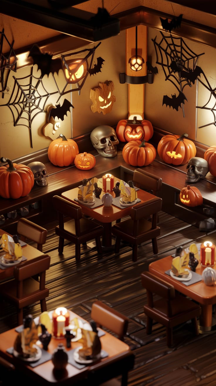 an overhead view of a restaurant decorated for halloween