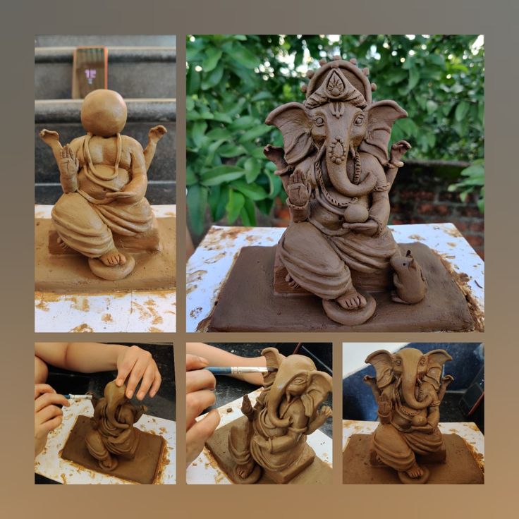 there are four pictures of clay sculptures on the table