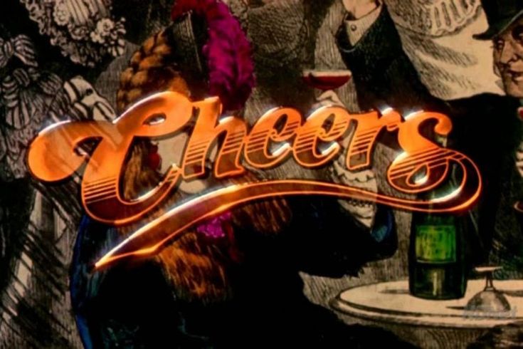 an advertisement for cheers with people sitting at a table and wine glasses in the foreground