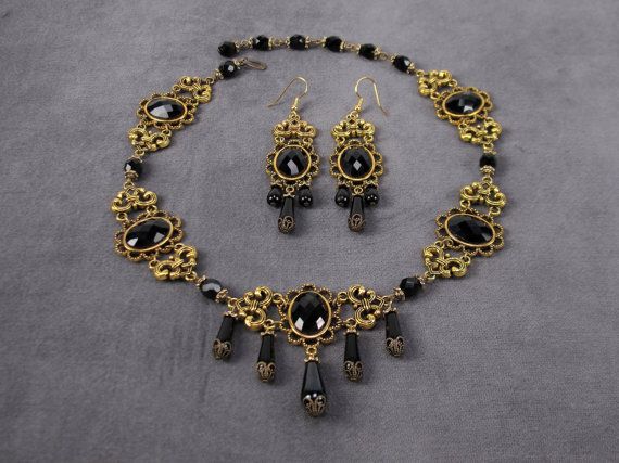 Marquise Xanthe Necklace & Earring Set, antiqued gold, black onyx cabochons, adjustable, Renaissance Elegant Teardrop Black Bead Jewelry, Black Teardrop Pendant For Jewelry Making, Elegant Teardrop Black Beaded Jewelry, Black Teardrop Bohemian Jewelry, Antique Black Dangle Jewelry, Black Teardrop Jewelry Making Supplies, Black Metal Necklace With Antique Finish, Elegant Brass Necklaces With Decorative Details, Elegant Decorative Brass Necklaces