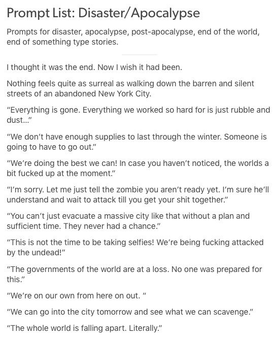 Disaster/ apocalypse How To Write A Zombie Apocalypse, Post Apocalypse Story Ideas, Zombie Story Prompts, Apocalypse Types, Apocalyptic Story Ideas, Zombie Au Prompts, Apocalypse Inspiration, Apocalypse Writing Prompts Story Ideas, Zombie Apocalypse Writing Tips