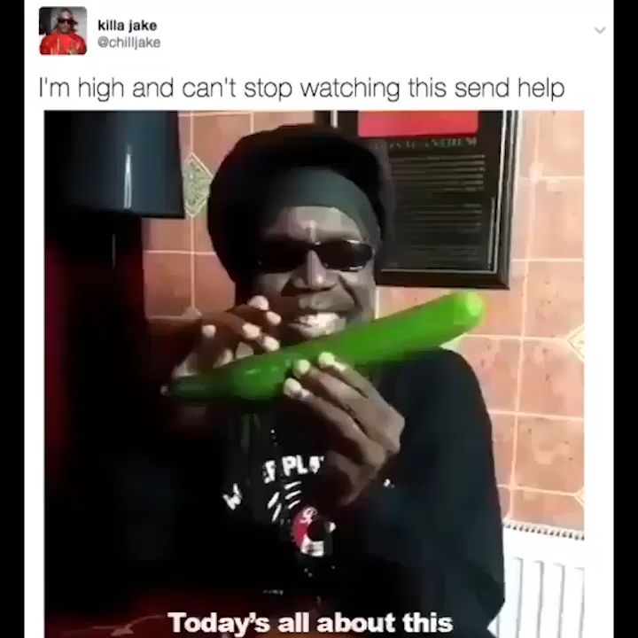 a man holding a green object in his hand with the caption, i'm high and can't stop watching this send help