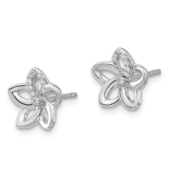 Rhodium over 14k white gold diamond flower stud earrings. Measure approximately 7/16"L x 3/8"W and have push backings. Flower-shaped Cubic Zirconia Diamond Earrings With Accents, Silver Diamond Flower Earrings With Brilliant Cut, Silver Flower Earrings With Diamond Accents For Formal Occasions, Formal Silver Flower Earrings With Diamond Accents, Sterling Silver Diamond Earrings, Flower Shape For Formal Events, Sterling Silver Flower-shaped Diamond Earrings For Formal Events, White Diamond Accented Flower Earrings, Silver Diamond Flower Earrings Fine Jewelry, White Gold Diamond Earrings With Flower Shape And Accents