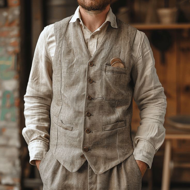 Custom Linen Vest Men's Fitted Vest, Luxury Vest Outerwear, Luxury Classic Linen Suits, Luxury Timeless Linen Suits, Luxury Tailored Suit With Vest, Luxury Classic Vest For Office, Luxury Linen Men's Outerwear, Luxury Timeless Custom Fit Suits, Luxury Tailored Wedding Vest