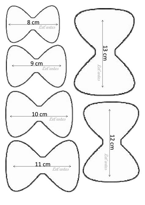 four different sizes of bow ties with measurements for each one, including the size and length