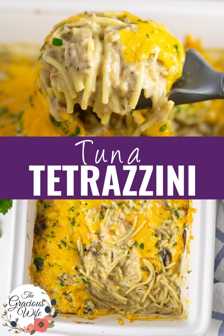 a spoonful of tuna tetrazzini is being lifted from a casserole dish