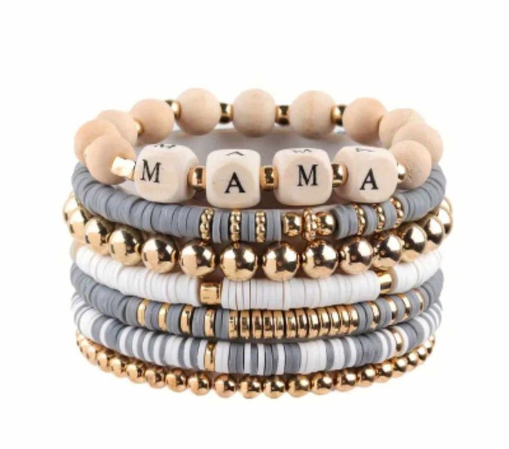 Set of seven stacked bracelets "Mama"  This bracelet would make a wonderful birthday or christmas gift, or stocking stuffer Stacked Bangle Bracelets As Gift, Adjustable Stacked Bracelets As Gift, Adjustable Stacked Beaded Bracelets As Gift, Adjustable Stacked Beaded Bracelets Gift, White Stacked Stretch Bracelet As Gift, White Stacked Stretch Bracelet Gift, Trendy Stacked Bracelets As Gift, Trendy Stackable Bracelets For Birthday, Stacked Bracelets As Gift