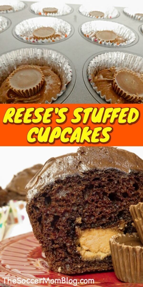 there is a chocolate cupcake with peanut butter in it and the words reese's stuffed cupcakes