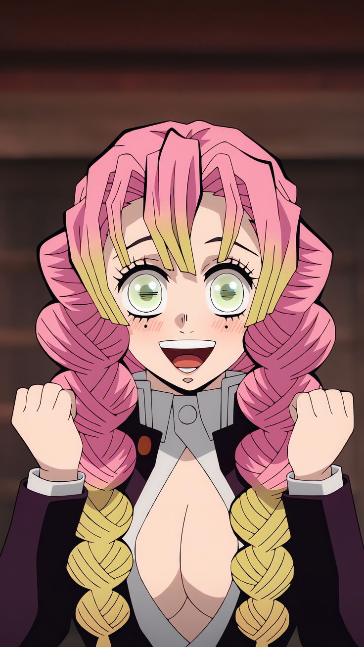 an anime character with pink hair and green eyes, wearing braids in front of her face