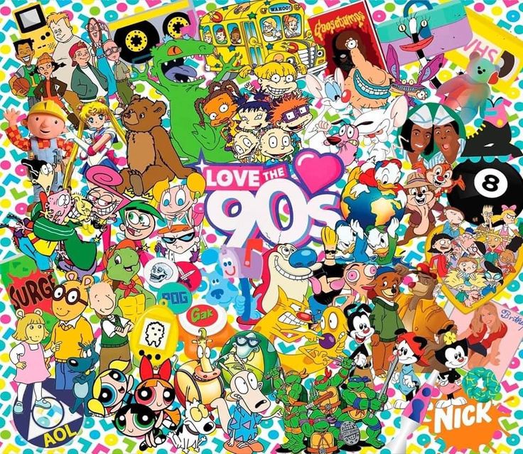 an image of various cartoon characters on a colorful background with the words love the 90's