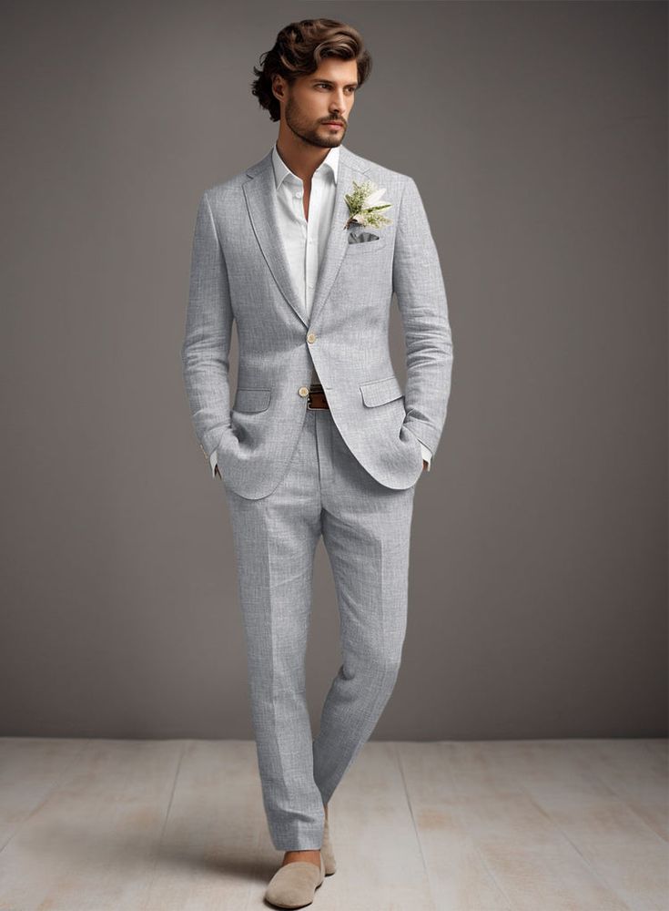 Italian Zod Light Gray Linen Suit – StudioSuits Tailored White Single-breasted Three-piece Suit, White Three-piece Suit With Notch Lapel, Formal Linen Suit With Suit Collar, Formal Linen Suits With Suit Collar, White Tailored Suit With Welt Pockets, White Custom Fit Three-piece Suit For Semi-formal, Classic White Suits With Welt Pockets, Classic Linen Suit With Single Button, Semi-formal Linen Double Breasted Suit With Welt Pockets