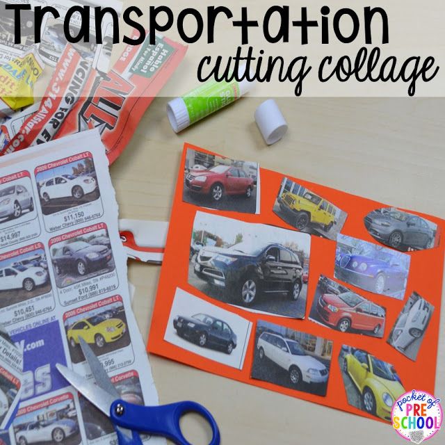 the transportation cutting collage is displayed with scissors and construction paper on top of it