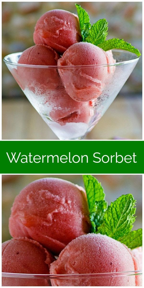 two pictures of ice cream in a glass bowl with mint leaves on the rim and watermelon sorbet