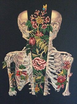 a painting of a skeleton holding flowers in it's back