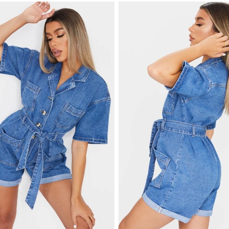 Prettylittlething Mid Blue Tortoise Button Short Sleeve Denim Romper Button Fastening Loose Fit Adjustable Belt At Waist Front Pockets Cuffed Hem Length Approx 33.5" 95% Cotton 5% Polyester Summer Button-up Denim Jumpsuit With Buttoned Pockets, Summer Button-up Denim Jumpsuit, High-waist Denim Jumpsuit In Medium Wash With Buttons, Relaxed Fit Denim Blue Jumpsuit With Buttons, Trendy Blue Denim Jumpsuit For Day Out, Denim Jumpsuits And Rompers With Buttons In Medium Wash, Trendy Button-up Denim Jumpsuit For Summer, Summer Dark Wash Jumpsuits And Rompers With Buttons, Denim Button-up Jumpsuit For Day Out