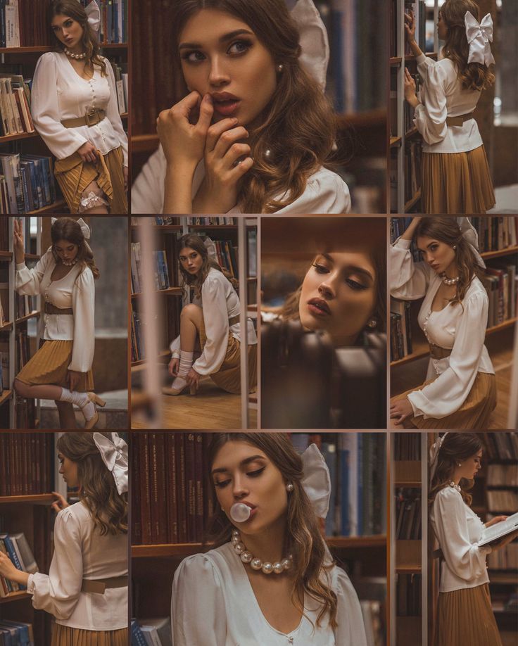 woman in white shirt and brown pleated skirt sitting on bookshelf posing for pictures