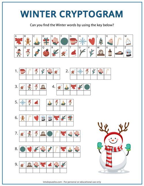 the winter cryptgram game is shown with snowman and christmas decorations on it's sides