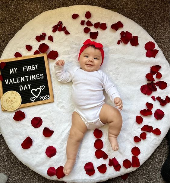 a baby laying on top of a table covered in rose petals with a sign that says my first valentine's day