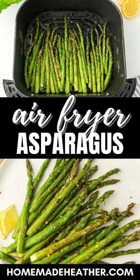 air fryer asparagus in a pan with lemon wedges on the side