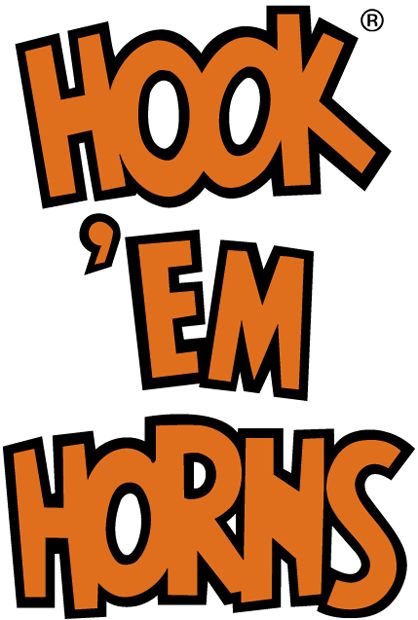 an orange and black logo with the words hook'em horns in bold font on it