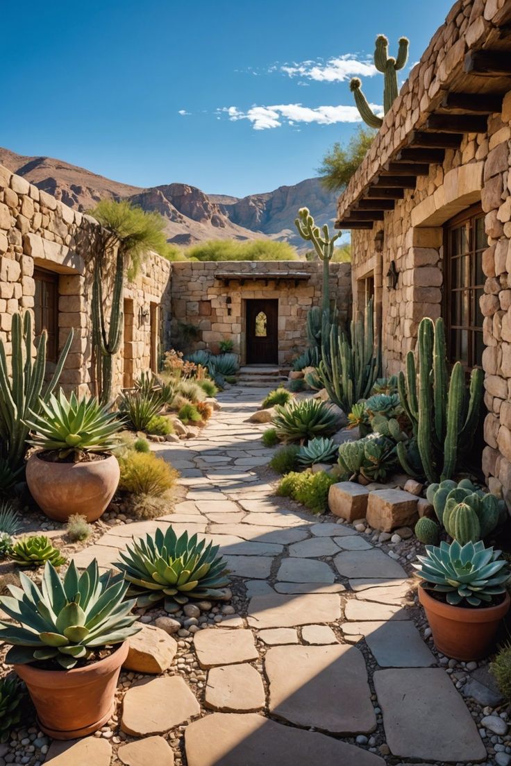 an outdoor courtyard with cactus and succulents