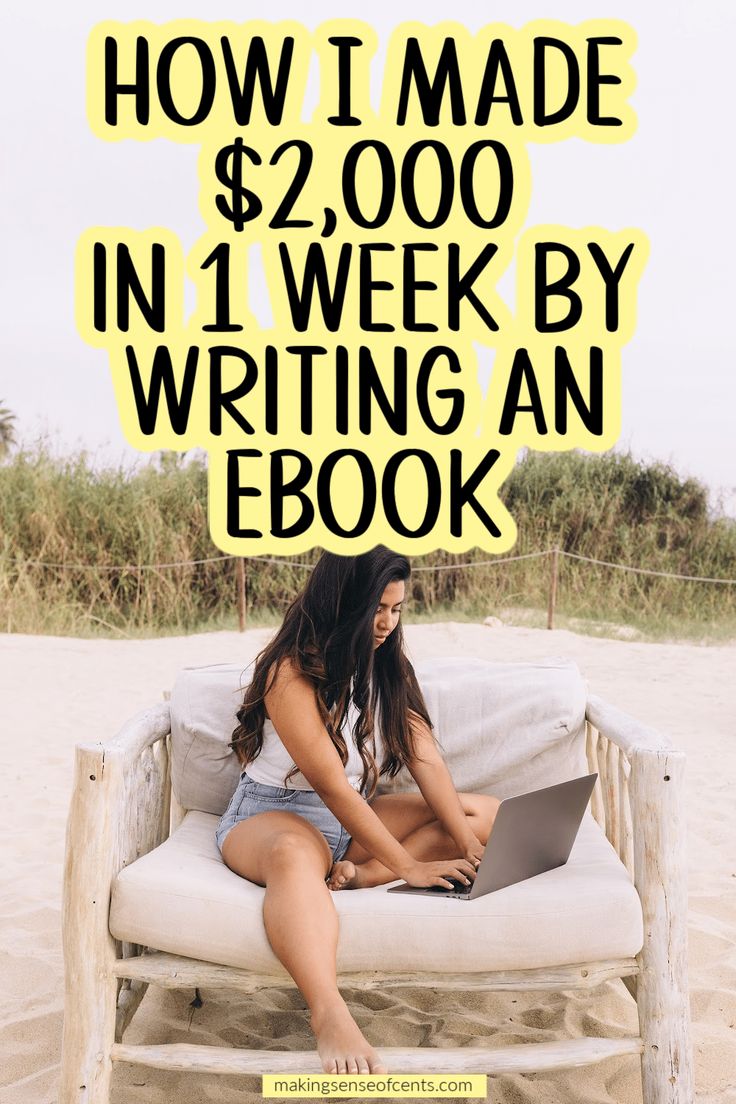 a woman sitting on top of a white couch under a yellow sign that says how i made $ 2, 000 in 1 week by writing an ebook