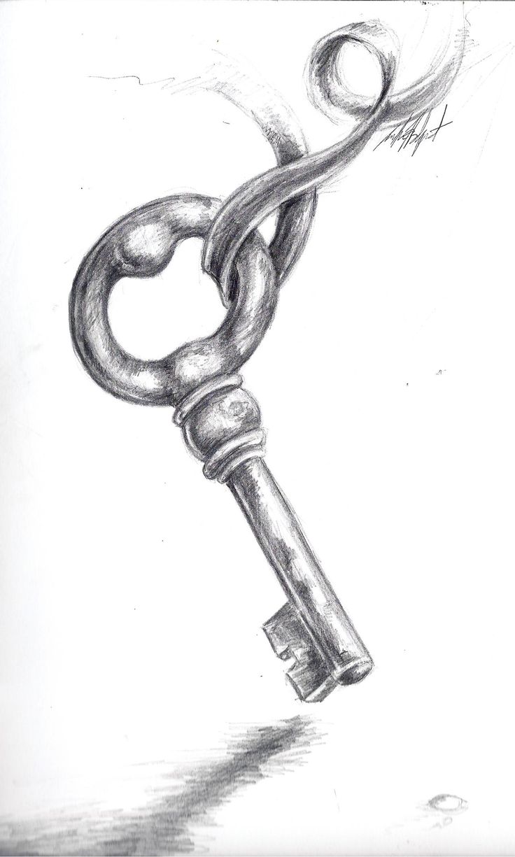 a pencil drawing of a key with a long chain attached to it, on a white background