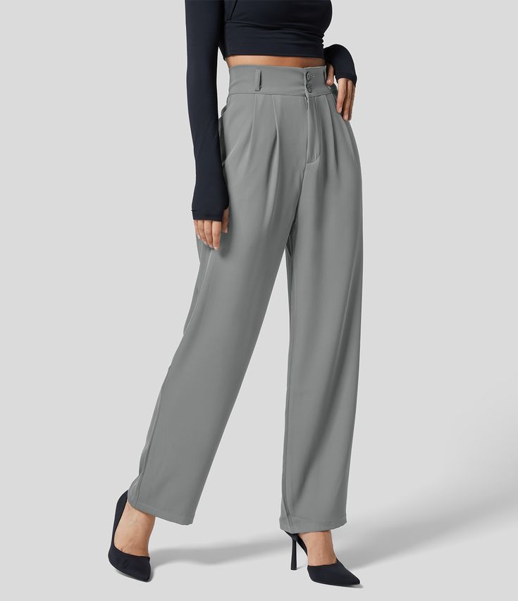 Women’s High Waisted Button Zipper Plicated Side Pocket Shirred Straight Leg Work Suit Pants - Halara Wide Leg Pants Outfit Work, Comfy Mom Outfits, Work Suits, Suit Pant, Leg Work, Suit Pants, High Waisted Trousers, Straight Pants, Work Pants