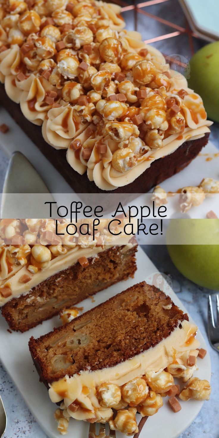 two slices of apple loaf cake with caramel toppings