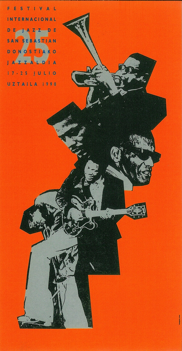 an orange poster with black and white images on the front, including two men holding musical instruments