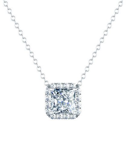 Diamond Square Halo Pendant Wedding Jewelry With Single Diamond Square Pendant, Square Pendant Diamond Necklace With Prong Setting, Square Pendant Jewelry With Single Diamond For Wedding, Fine Jewelry Diamond Necklace With Square Cut, Fine Jewelry With Single Diamond Square Pendant, Fine Jewelry Square Pendant With Single Diamond, Princess Cut Diamond Necklace For Gift, Square Pendant Diamond Necklace With Brilliant Cut Cubic Zirconia, Luxury Square Cut Diamond Jewelry