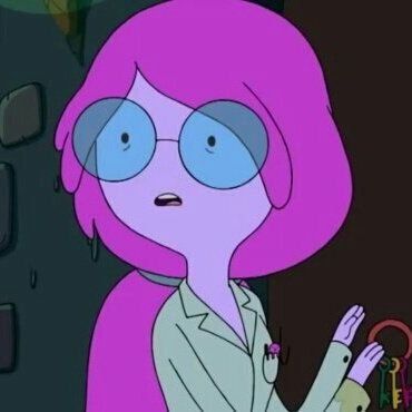 a cartoon character with pink hair and blue glasses