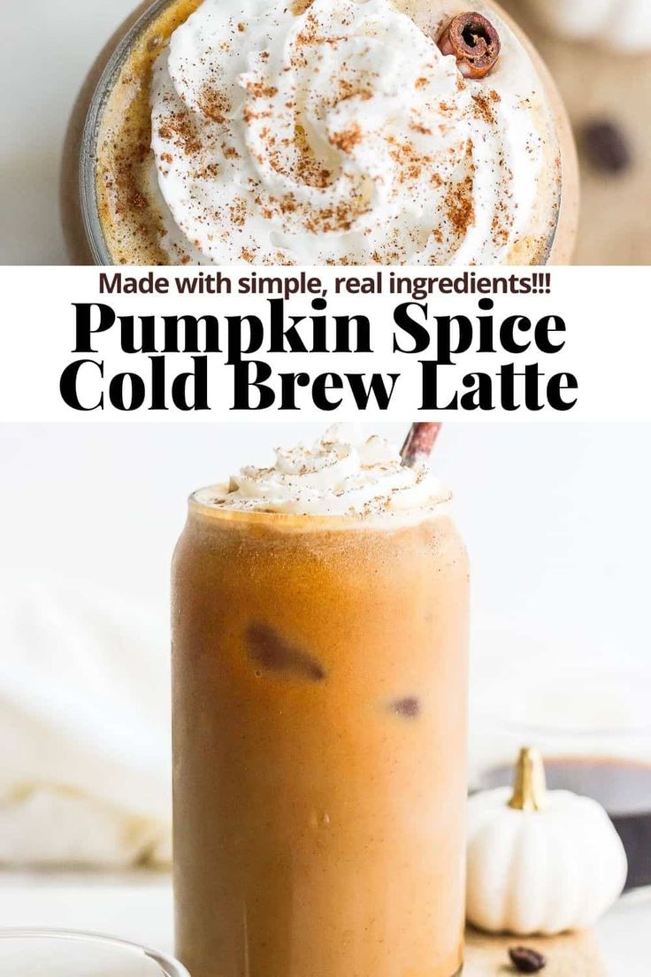 pumpkin spice cold brew latte with whipped cream and cinnamon sprinkle on top