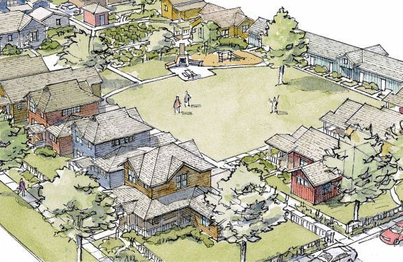 an artist's rendering of a baseball field in the middle of a neighborhood with houses and trees