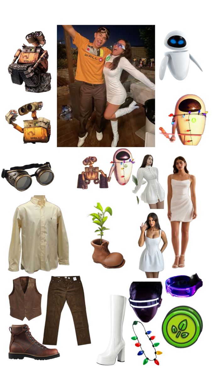 a collage of people dressed up in costumes and accessories, including boots, sunglasses, hats, clothing, and other items