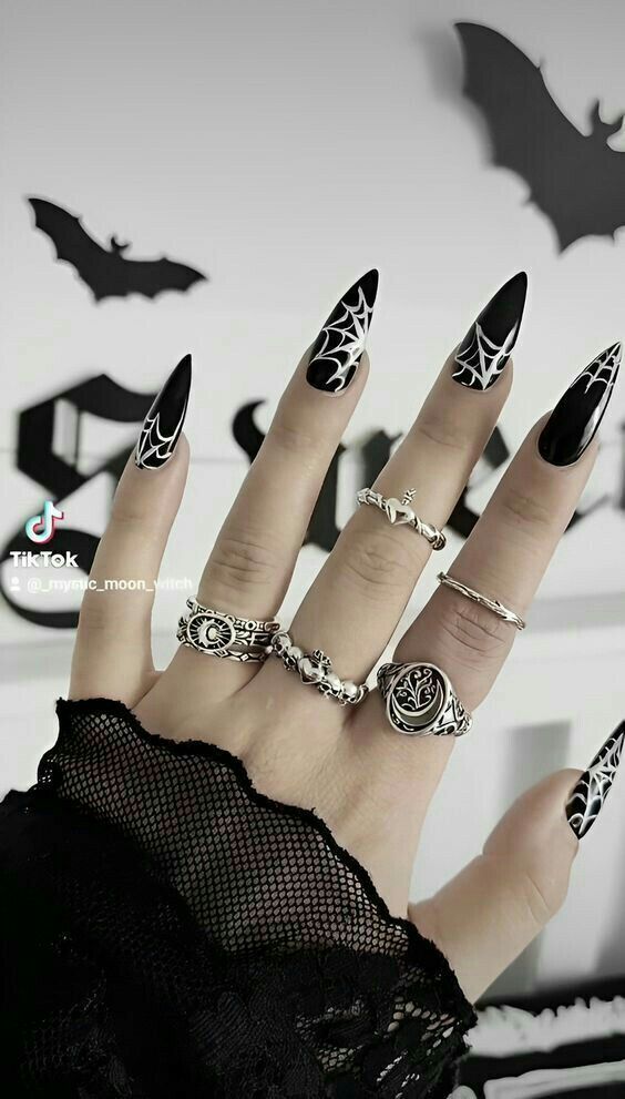 Goth Nails 2023, Black Goth Nails Ideas, Gothic Simple Nails, Simple Goth Nail Ideas, Goth Nails Almond Shape, Goth Almond Nails Designs, Simple Goth Nail Designs, Black Pride Nails, Black Nail Art Gothic